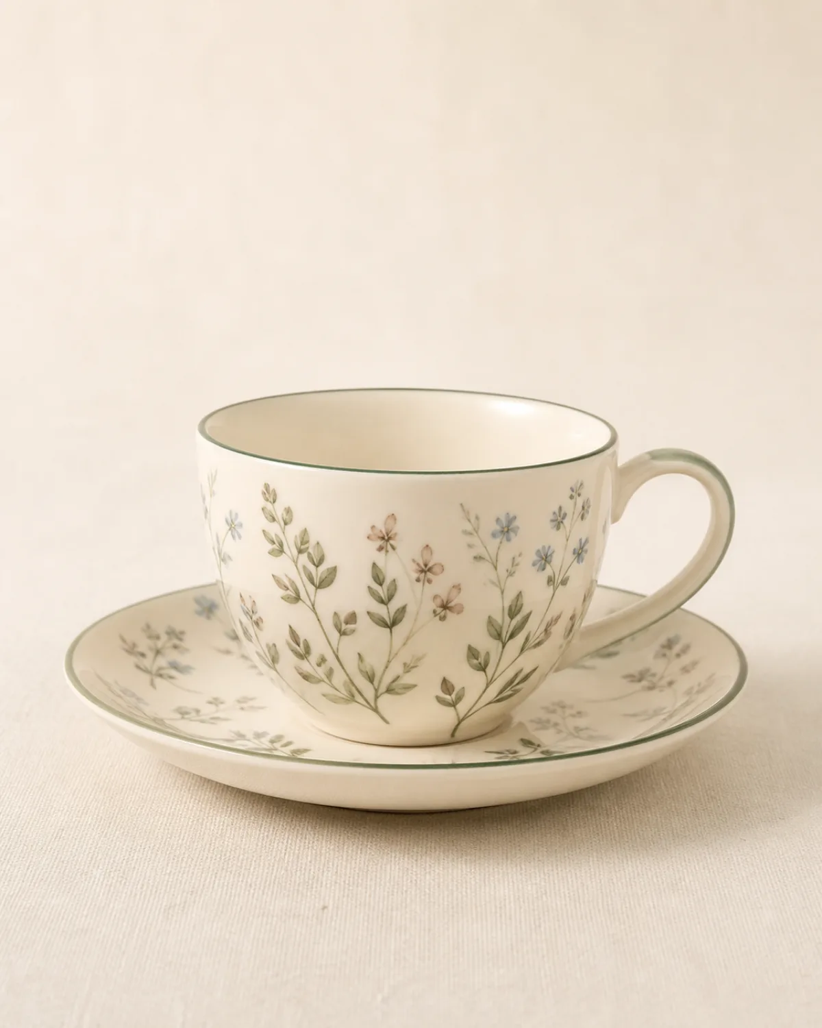 English Garden Teacup & Saucer on warm ivory linen