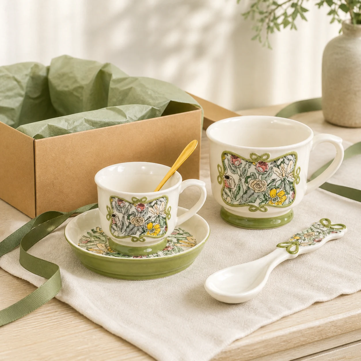 Terracera English Garden Floral cup, mug and ceramic teaspoon presented as a gift