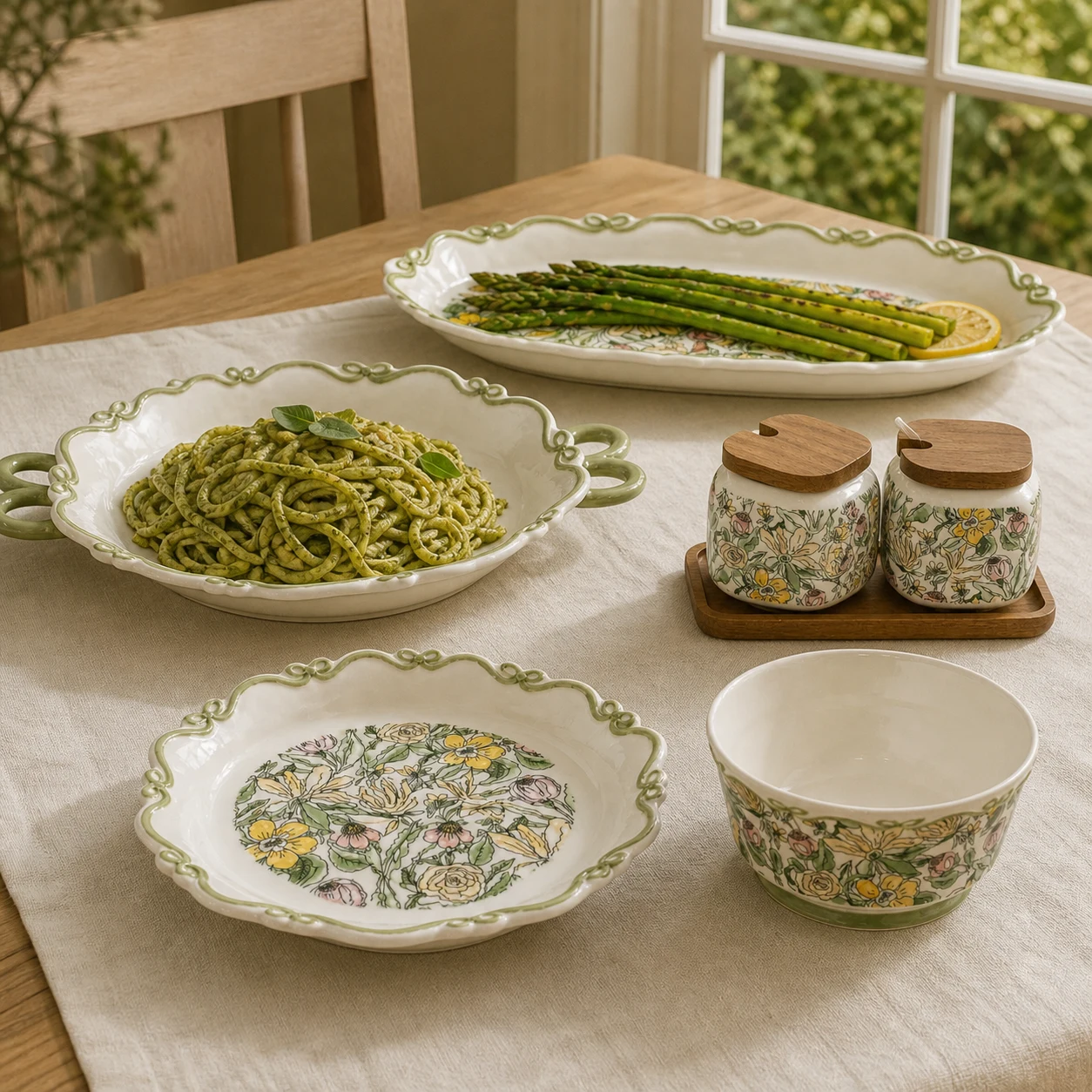 Terracera English Garden Floral serving pieces arranged as a coordinated table